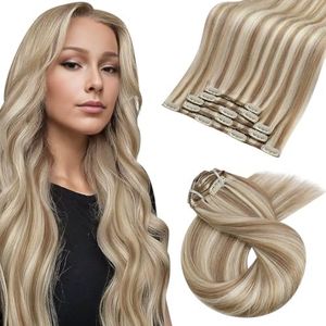 Moresoo Clip in Hair Extensions Real Human Hair 18 Inch Light Brown with Platinum Blonde Invisible Double Wefted Clip in Hair Extensions Highlights for Women Daily Use 5pcs/80G #9A/60