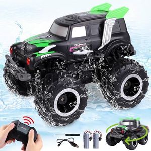 Learn2M Amphibious Remote Control Cars, 1/20 Stunt RC Rock Crawler Monster Truck Toy with Two Alternative Rechargeable Batteries, All-Terrain 4WD Off-Road Vehicle Toys Gift for Kids Age 8-12 Green