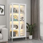 Kubohogar Display Cabinet with Glass Doors, 66" Curio Cabinet with 3 Color Lights, 4 Tier Display Case for Collectibles, Bookcase with Doors for Living Room Office