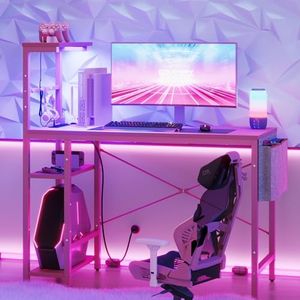 Bestier Pink Gaming Desk with Power Outlets, 44 Inch Led Gamer Desk with 4 Tiers Reversible Shelves, Pink Computer Desk with Headset Hook & Side Storage Bag for Bedroom (Pink 3D Carbon Fiber)