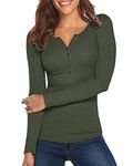 Hiistandd Women's Shirt Long Sleeve Fashion Solid Color Button V Neck Slim Fit T-Shirt Sexy Tops(A-ArmyGreen,X-Small)