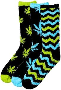 JAMES FIALLO Men's 3-Pairs Nature Elegance Black Green Leaf Cyan Stripes Patterned Or Solid Anti-Skid Soft Fuzzy Crew Socks, MZ02-B-T1