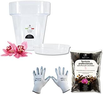 GebEarth - Orchid Repotting Set: Transparent Orchid Pot, 4 Drainage Holes and Saucer + Orchid Specific Potting Soil, 1 Litre, Gardening Gloves (14 cm)
