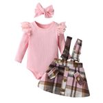 3PCS Infant Newborn Baby Girls Dresses Clothes Outfit Set Long Sleeve Pink Ruffle Tops Plaid Suspender Skirt Headband Pink 12-18 Months