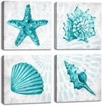 Bathroom Wall Decor Teal Watercolor Starfish and Seashell Conch Wall Art Sea Creatures Pictures Ocean Theme Canvas Prints for Bedroom Home Artwork Decor Paintings Framed Set 4 panels 12 x 12 inchs