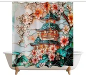 XMWYTJ Stained Glass Japanese Pagoda Shower Curtains Cherry Blossom Tree Barn Door Decor Polyester Fabric Waterproof Bathroom Curtains Set with 12 Hooks,71 X 71 Inches