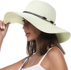 Creekstone Chapeau de Paille Soleil pour Femme à Large Bord UPF 50 Protection Solaire Pliable Chapeau Souple de Plage d'été avec Cordon coupe-vent (FR/ES, Alpha/lettres, L, Ivoire)