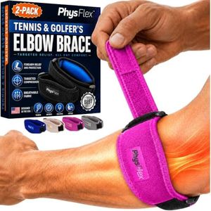 PhysFlex Elbow Brace 2-Pack for Men & Women, Adjustable Tennis & Golfer's Elbow Support Strap for Tendonitis Pain Relief - Compression Pad for Arm, Forearm, Tendon Pain Relief (Pink)