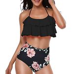 TEERFU Womens Swimwear High Waisted Padded Halter Beach Bathing Suits Bikini Set, Black, XL (18-20)