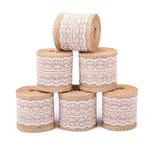 ZHENGTU 6 Rolls 2 Inch Width Natural Jute Burlap Ribbon with White Lace for DIY Home Decoration, Wedding Party Art and Craft and Gift Packaging (6 Rolls)