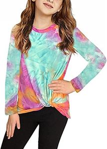 Ecokauer Little Girls' Tops, Tees & Blouses for Children Summer Long Sleeve Casual T Shirts Tunic with Knot Front Tie Dye Fashion Outfits Size 10-11 Tie Dye Green1
