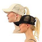 FZAY Ponytail Baseball Cap Messy High Bun Adjustable Mesh Trucker Sun Hat for Women (Black+Beige)