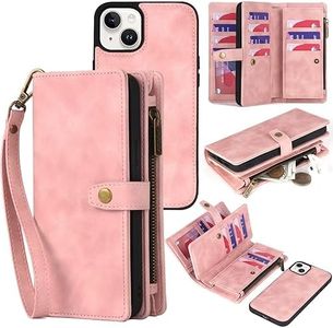 TwoHead Wallet Case Compatible with iPhone 15,Detachable Magnetic Phone Case,PU Leather All-Round Protective Case Wallet with Card Holder,6.1 in,Pink