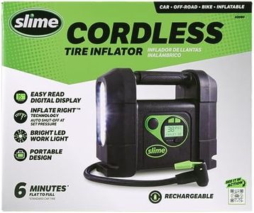 Slime 40080 Cordless Tire Inflator, Rugged Portable Air Compressor Pump with Auto Shut Off, Lithium Ion Battery and LED Light, Rechargeable