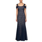 Alex Evenings Women's Long Cold Shoulder, Mother of The Bride Gown, Formal Event, Wedding Guest Dress (Petite and Regular Sizes), Navy/Nude Lace, 14