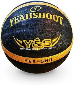 YeahShoot Outdoor Basketballs Size 7 (29.5in) Leather Basketball with Pump for Youth Basketball Games (Black and Gold)