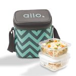 Allo Food Safe Borosilicate Glass Lunch Box, 450°C Microwave Safe Lunch Box, Borosilicate Borosilicate Glass Tiffin for Office with Chevron Mint Tiffin Bag, Set of 2, 320ml x 2, Square