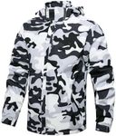 Hikevitang Men's Lightweight Waterproof Rain Jacket,Shell Hooded Outdoor Raincoat Hiking Windbreake jacket, Snow Mountain Camo, Large