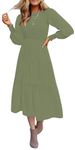 Coloody Women's 2024 Casual Long Sleeve Dress Crew Neck Smocked Flowy Tiered A-Line Pleated Midi Dress(Green,M)