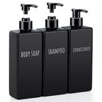 Segbeauty Square Soap Dispenser Black, 3pcs 500ml Refillable Shampoo and Conditioner Bottles, 16.9oz Empty Reusable Plastic Pump Bottle Bathroom Shower Dispenser Set for Body Wash Liquid Lotion