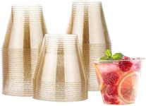MATANA 120 Clear Hard Plastic Cups, Tumblers with Gold Glitter for Cocktails, Champagne, Wine & Desserts (255ml / 9oz) - Weddings, Birthdays, Christmas, Parties - Sturdy & Reusable