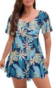 ECUPPER Womens One Piece Swimsuit with Sleeves Plus Size Swim Dress Modest Tummy Control Skirt Bathing Suit Built in Shorts Blue Leaf