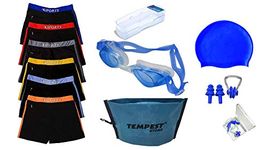 TEMPEST Men Swimming Kit with 1 Swimming Shorts | Costume | Trunk Swimming 1 Anti Fog Swimming Goggles 1 Silicone Swimming Cap 1 Nose Clip 2 Ear Plugs (36 Inch - 40 Inch) with Free KIT Bag