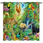 YUANZU Wild Animal for Kids Curtains, Panther Orangutan Elephant Family Pattern Microfiber Blackout Fabric Eyelet Window Drapes for Boys Girls Bedroom Set of 2 Panels W117cm (46") x D137cm (54")