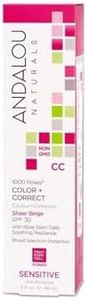 Andalou Naturals 1000 Roses CC Color + Correct with SPF 30, Sheer Beige, 2-in-1 Face Sunscreen + CC Cream for Sensitive Skin, Helps Correct Uneven Skin Tone, Reef Safe Sunscreen, 2 Fl Oz