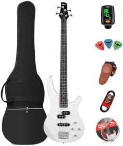Electric Bass Guitar 4 Strings Full Size P Bass Beginner Kit Black for Starter with Gig Bag, Guitar Strap, and Guitar Cable (White)