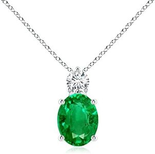 Angara Natural Emerald Solitaire Pendant for Women | Oval Emerald Solitaire Pendant with Diamond in Sterling Silver | May Birthday, Anniversary, Gemstone Jewelry Gift | AAA | 9x7mm