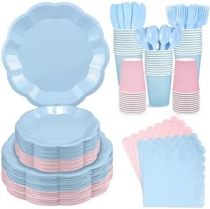 NatNarr 350 Pcs Baby Gender Reveal Party Supplies Include Scalloped Plate Napkin Cup Forks Knives, Light Pink and Light Blue Plastic Cutlery 50 Guest Disposable Party Tableware Set for Baby Shower