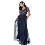 Maya Deluxe Women's Maxi for Women Ladies V-Neck Ball Gown Short Sleeves Long Elegant Empir Bridesmaid Dress, Navy, 14 UK