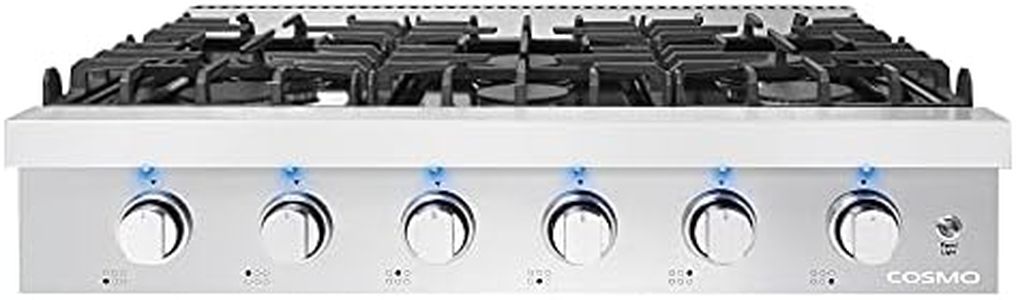 COSMO COS-GRT366 Slide-In Counter Gas-Cooktop 36 inch | 6 Italian-Made Burner Range-Top, Dual Ring Stove, Dishwasher-Safe Cast Iron Grate, Metal Front Knob Control Panel, 36 inch, Stainless Steel