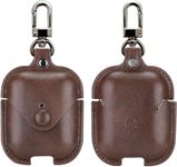 JBE AirPods 1/2 Earphone Case Cover Compatible for AirPods 1/2 Genuine Faux Leather Case Metal Keychain Airpods Cover (Dark-Brown)