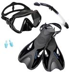 Fins Snorkel Set with Adults Snorkeling Gear, Panoramic View Diving Mask Packages, Dry Top Snorkel, Diving Flippers and Gear Bag, for Snorkeling Swimming Scuba Diving Training (Black)