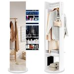 COSTWAY 360° Swivel Jewelry Cabinet, 3-Color LED Lights Jewelry Armoire with Full-Length Mirror, Sliding Cosmetics Storage, Coat Rack and Shelves, 3-in-1 Bedroom Jewellery Organiser Unit Gift, White