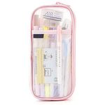 Grid Mesh Pen Pencil Case Clear Big Capacity Pencil Bag Pouch Pen Case Holder Stationery Desk Organizer Travel Makeup Bag with Zipper for Boys Girls College School Students and Office Supplies (Pink)