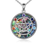 LUHE Pentagram Necklace Sterling Silver Chakra Moon Pentagram Pentacle Pendant necklace Celtics Pagan Wiccan Magic Amulet Jewelry for Women Teen Girls, Sterling Silver, Abalone