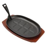 Olympia Cast Iron Oval Sizzler with Wooden Stand 280mm, Size: 280(W) x 190(D)mm - Ideal for Serving Curries, Steaks, Kebabs - Non Stick when Seasoned, Commercial Restaurant or Home Use, CC310