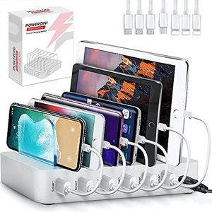 Poweroni USB Charging Station - 6-Port Phone Charging Station with Quick Charge for Multiple Devices - Charging Station for Multiple Devices - Compatible with Apple iPhone, iPad, Android, and Tablets