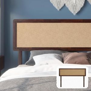 Bme Nipe Queen Headboard ONLY Walnut Boho Bohemian Coastal Style with Solid Wood and Hand-Crafted Fabric, Easy Assembly, Wall or Bed Frame Mounted