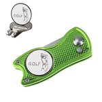 kahuayi Divot Repair Tool +2 Ball Markers+Hat Clip Golf Divot Tool and Ball Marker Divot Repair Tool Switchblade Golf Green Repair Fork Portable and Folding Pitch-1 Piece (Light Green)