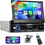 Podofo Upgrade Wireless CarPlay Single Din Radio 7 Inch Flip Out Touchscreen Car Stereo with with Wireless Android Auto Bluetooth Mirror Link AM/FM USB Car Play Car Audio Receiver HD Backup Camera