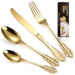 BILLION DUO Royal Golden Cutlery Set, 24 Piece Silverware Set Flatware Set for 6 People, Palace Style Mirror Polished Dishwasher Safe Knife Fork Spoon Cutlery for Home Banquet Catering