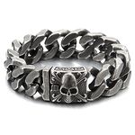 Mens Large Steel Curb Chain Bracelet with Fleur De Lis and Skull, Biker Gothic, Old Metal Treatment(CA)