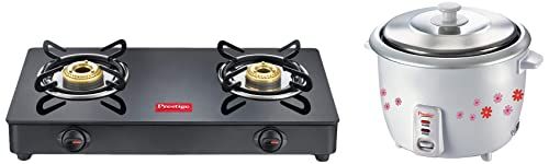Prestige IRIS LPG Gas Stove, 2 Burner, Powder coater Mild Steel with Glass Top, Manual & PRWO 1.8-2 700-Watts Delight Electric Rice Cooker with 2 Aluminium Cooking Pans - 1.8L