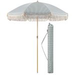 CHRISTOW Portable Garden Parasol with Tilt, 2m Cotton Tassel Beach Umbrella, Outdoor Patio Sunshade, Tilting Canopy, Wood Effect Steel Pole, UV50+ Sun Protection, Water Resistant, Bag (Sage Stripes)
