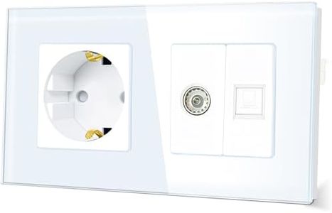 TAWOIA Enchufe Schuko, 1 compartimento con 1/2 ordenador RJ45 Cat6 Internet enchufe y 1/2 antena de TV interfaz coaxial, marco de cristal empotrado, enchufe para, 16 A, blanco, 86 x 157 mm