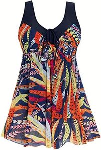 wantdo Women's Swim Dresses Floral Printed Swimsuits Tummy Control Feather 26-28